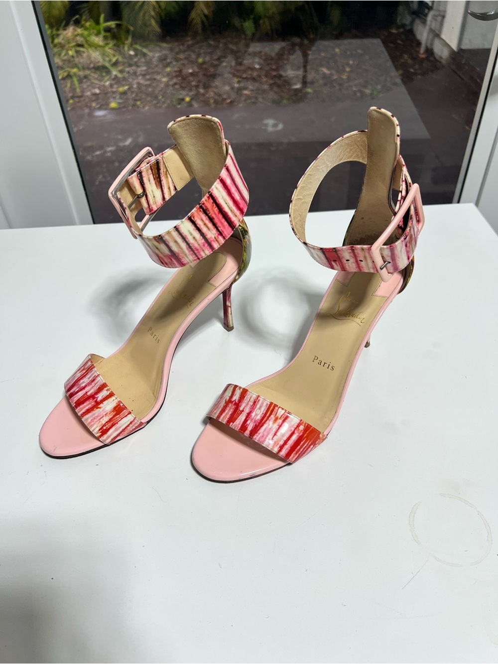 Christian Louboutin Pink and Red Striped Ankle-Strap Stilettos